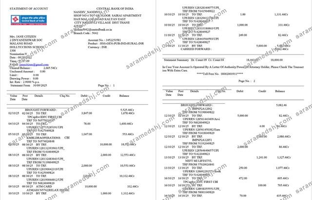 India Central Bank of India statement of account Word and PDF template, 2 pages